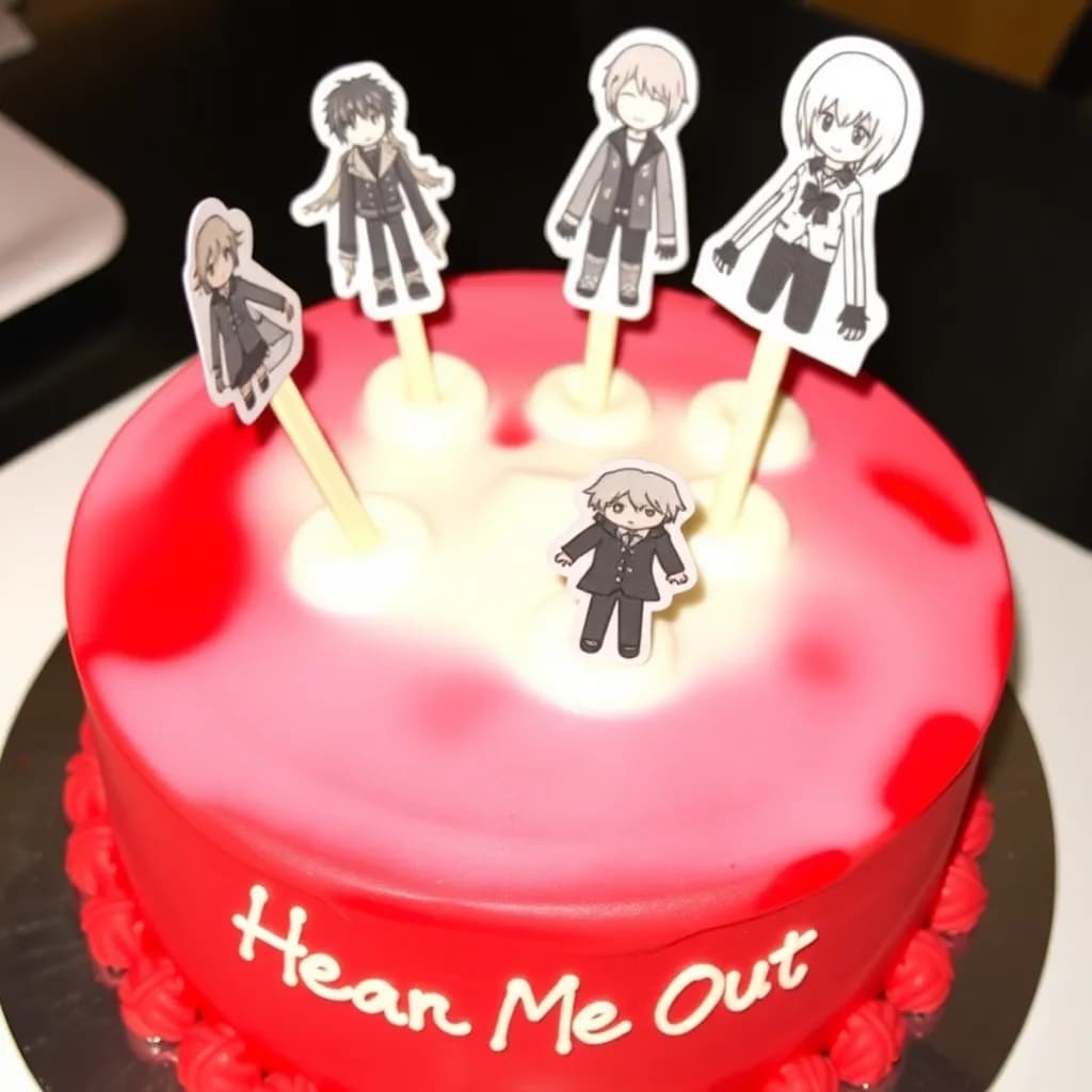 Personajes de Haykiū, personajes de Kimetsu no Yaiba y Cameron Boyce. | Pastel redondo con glaseado blanco y fresas encima.