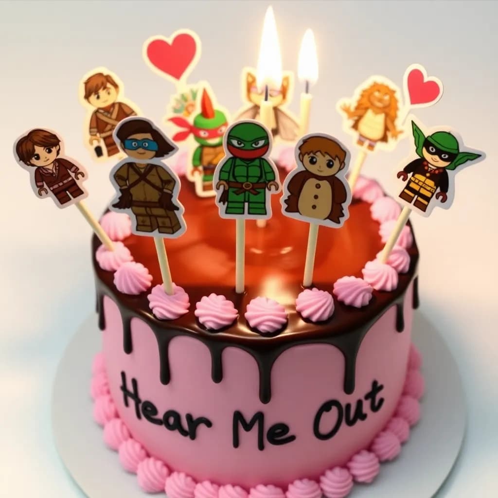 Callum from the dragon prince, loid from Lego ninjago, Leo from ninja turtles, Marcus Lopez from deadly class, Alvin Chipmunk, guy from the croods, puss in boots, chat noir,simba from lion king, Branch from trolls, buck bunny, Aladin,Jinu from demon k-pop hunters, Draco malfoy, Steve Harrimgton, Planet | Pink cake with hearts on sides