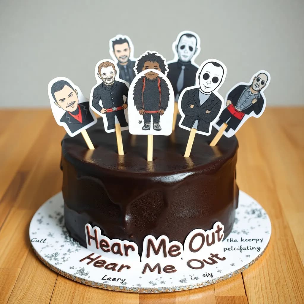 Alper Cankaya, Ugur Yildiran, Leon Kennedy, Dimitrescu sisters, Dave Mustaine, Iron Maiden mascot, Mason Thames, Michael Myers, Mikey Madison in scream 5, Billy Loomis, French language | pitc black choco cake with gray glitter