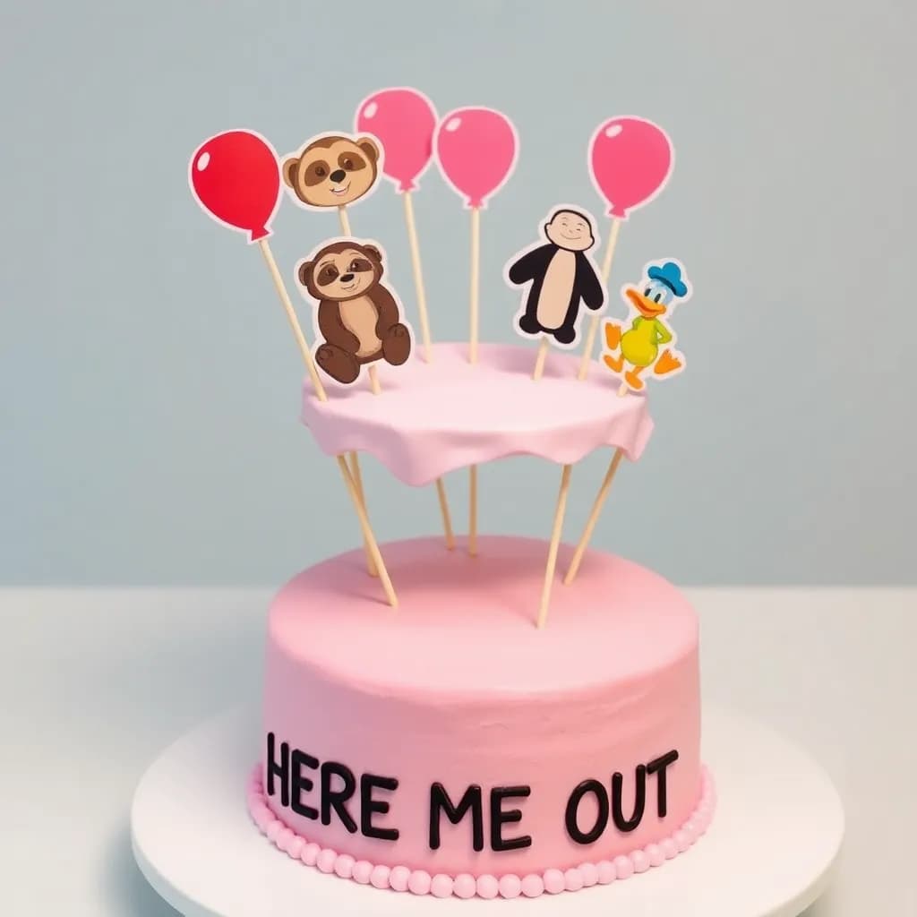 Sid the sloth ednamode Eugene micky mouse and dounald duck | Pink cake that said HERE ME OUT | pink balloons and a randoms guy