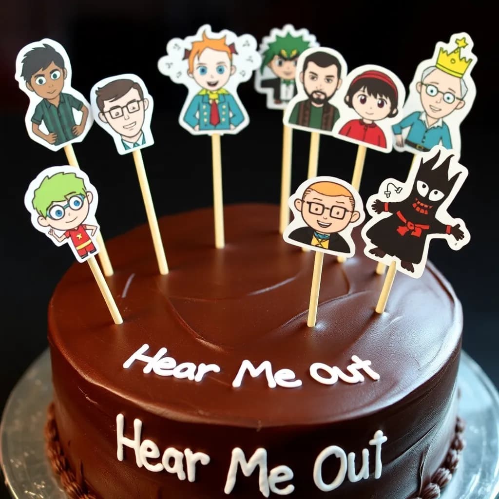 Shego, TADC Jax, Hazbin Hotel Alastor, Blue Eyed Samurai, Carmine Santiago, Ferb Fletcher, Kovu, Rocky from Chicken Run, David Tennant, OUaT Captain Hook and The Evil Queen; Regina Mills. | Normal chocolate cake