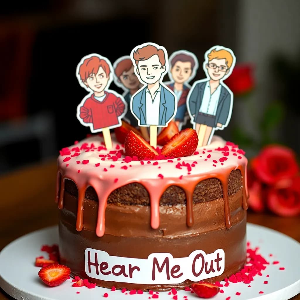 Hot movie Characters like actors: Xolo Mariduena, Finn Wolfhard | A coclate cake with visible choclate layers on the side with a soft strawberry drizzle pouring down the side of the cake, sliced strawberries on the SIDE OF THE CAKE, and red sprinkles and red rose petals on the TOP of THE CAKE but NOT ALOT. | Romantic mood and good lighting