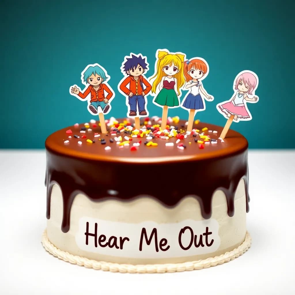 Zoro from one piece, dokja from omniscient reader, Usagi from chiikawa | chocolate cake, princess-y, big, sprinkles, sparkles | beautiful lighting