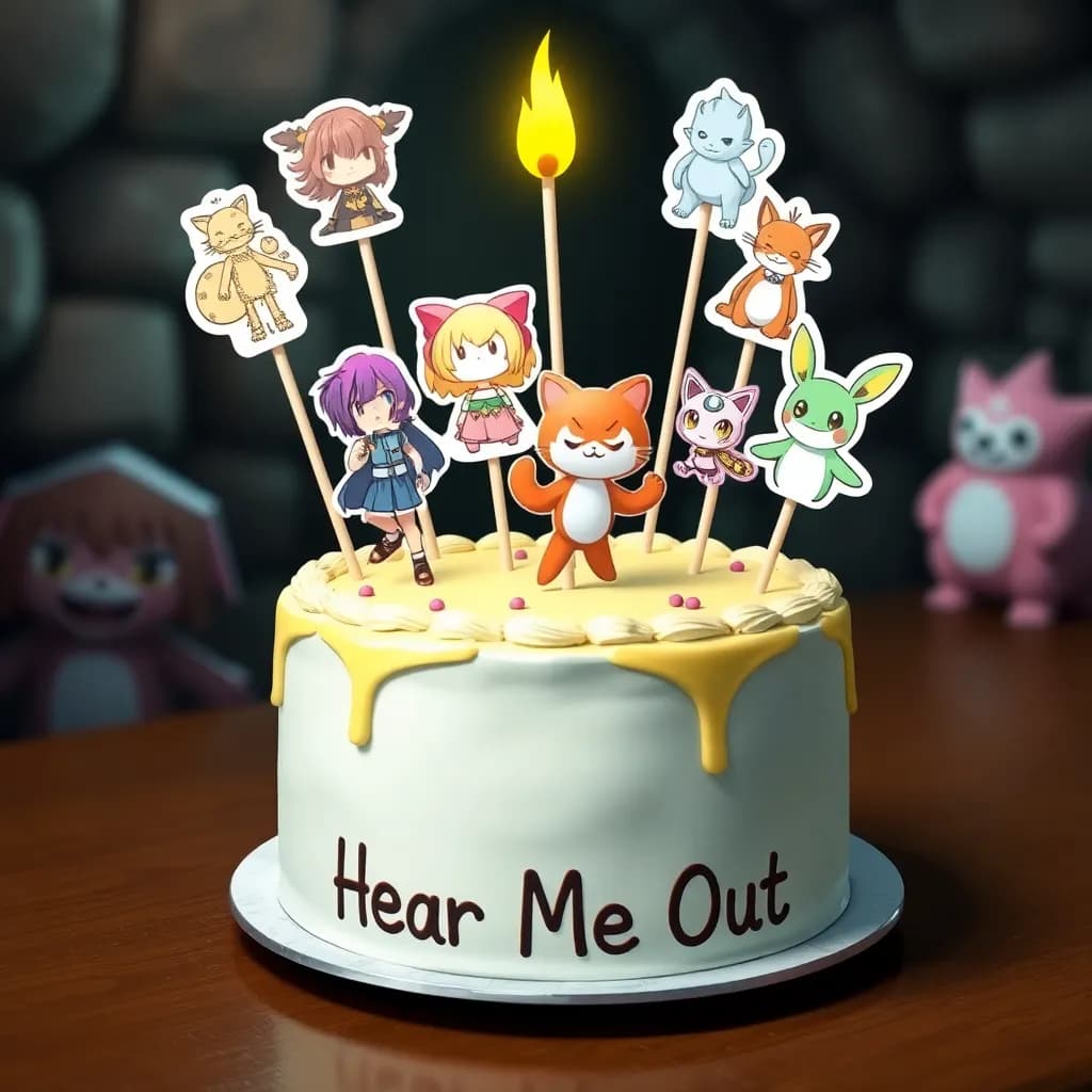 Pyra from Xenoblade, Nia from Xenoblade, Blaze the Cat, Arlecchino from Genshin, Yae Miko from Genshin, Loona from Helluva Boss, Braixen (Pokémon) | Lemon cake | Dungeon background