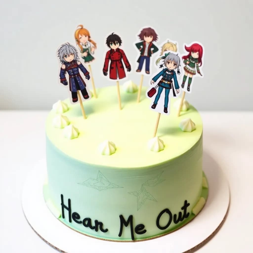 Estinien FFXIV, Xenos FFXIV, Tartaglia Genshin, Takumi Fire Emblem, Yumemizuki Mizuki Genshin, Leon S Kennedy, Flins Genshin | Light green cake with white accents