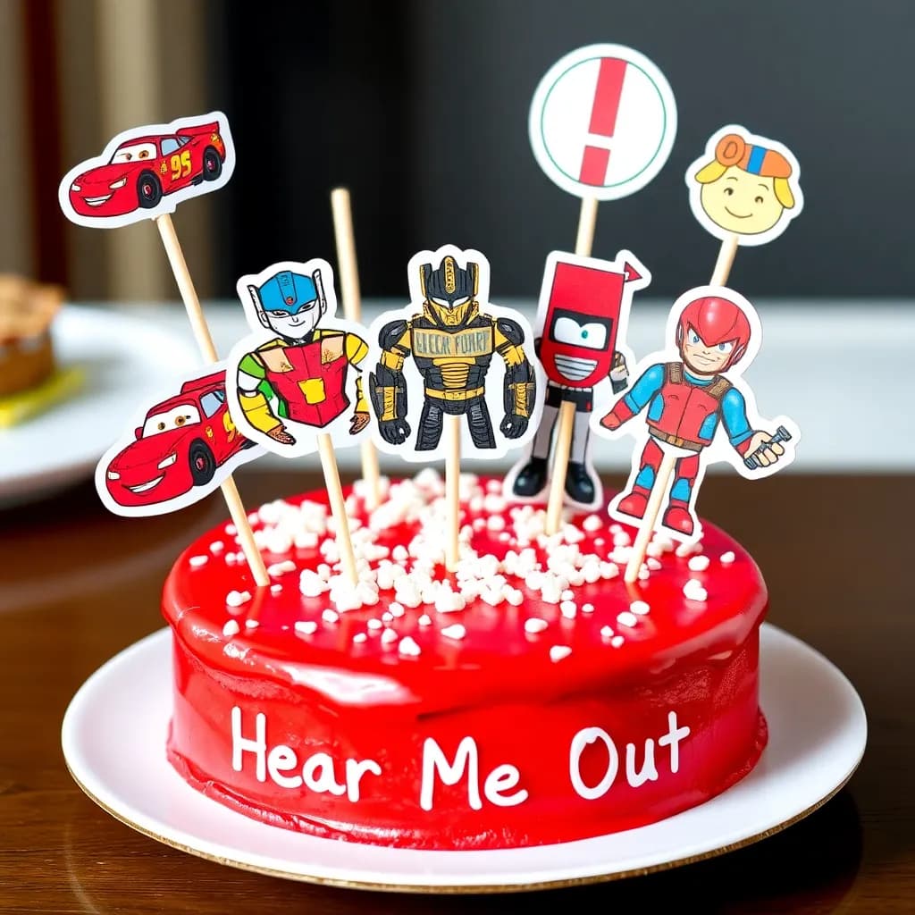 Lightning McQueen, Shockwave from Transformers, Portugal from Hetalia, Blocky from BFB, Red Knight from Castle Crashers, Michael Kaiser from Blue Lock | Strawberry Cake with red icing and pearl sprinkles as decoration
