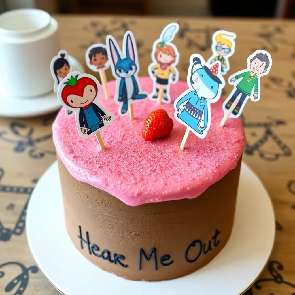 Nick Zootopia, Flynn Rider, Jack Frost, Jax TADC, Angelo, Aladdin, Looey dandy world, Goofy, Miguel COCO, Prinz Nadin Kiss the Frog | Chocolate cake with pink glitter glaze, cream on top with strawberries | nope