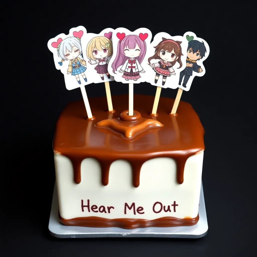 jumin (mystic messenger), ren hana (btd), zen (mystic messenger), seven (mystic messenger), nifty (hazbin hotel), Adam Letterman (Nyxmoon reads), Jiro Kirisaki (Tokyo Debunker), Gangle (the amazing digital circus), Polites (epic the musical), Hornet (silksong), pierrot (the freak circus) | Caramel sauce, heart shape