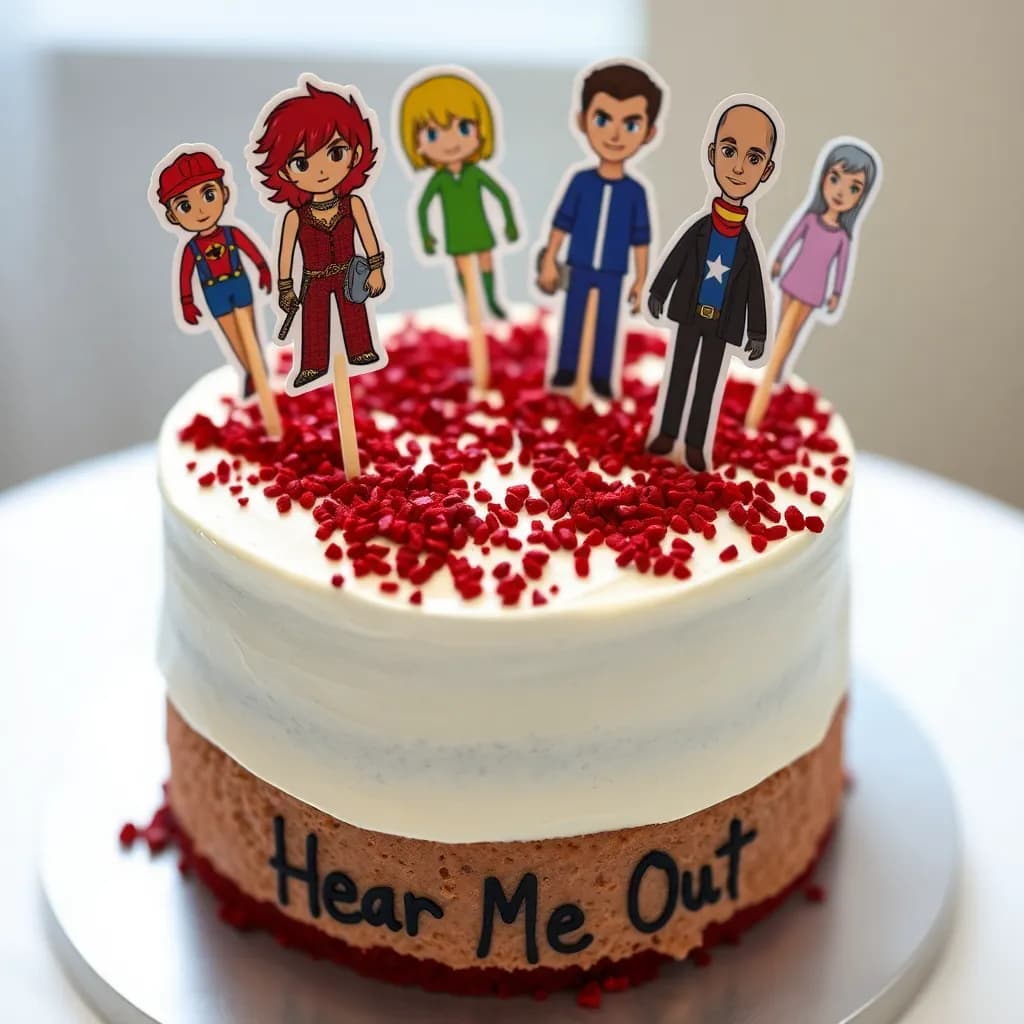 Any characters or people | Red velvet cake with white frosting