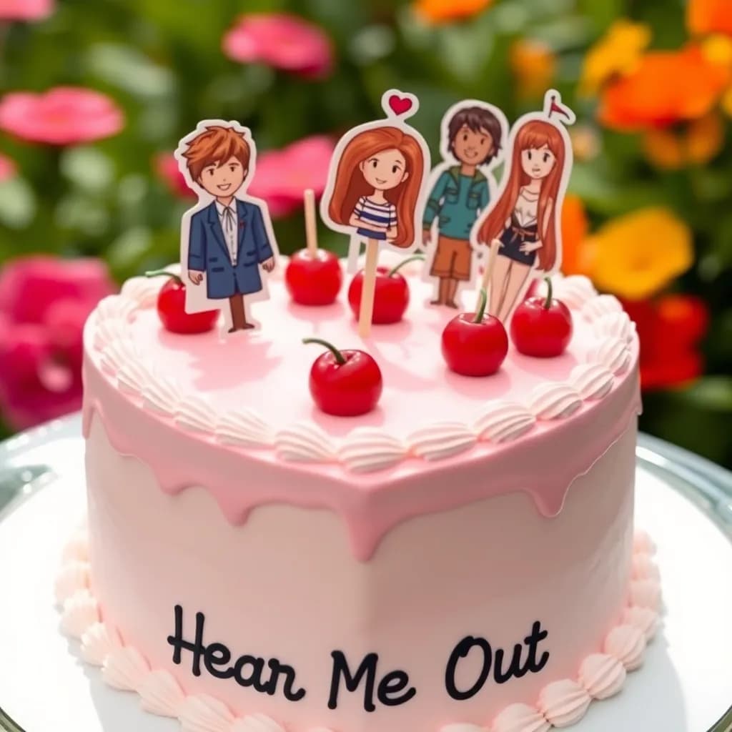 Nick Wilde, Flynn Rider, Prince Naveen, Hwang Hyunjin, Yang Jeongin, Stray Kids Leeknow, Adriana Lima, Liu Yifei, Jake Sully, Karen Smith (from Mean Girls) | Pastel pink heart-shaped 2-layered cake with white frosting/cream decorated with cherries on the frosting | the hear me outs should be like cut-outs on the cake, cake is in a garden