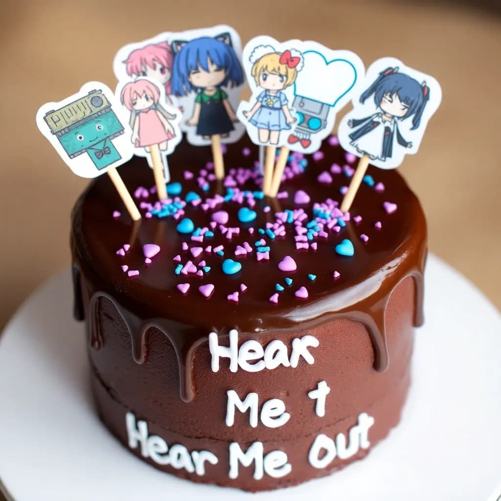 Anime and video game characters | Chocolate cake, with chocolate glaze, purple and blue heart shape sprinkles | Retro camera style