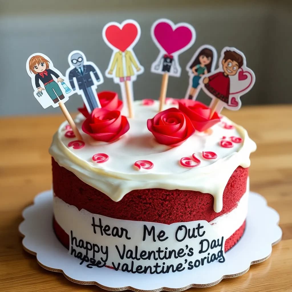 Random | Red velvet with white frosting and red roses with pink swirls saying happy Valentine’s Day | Happy mood