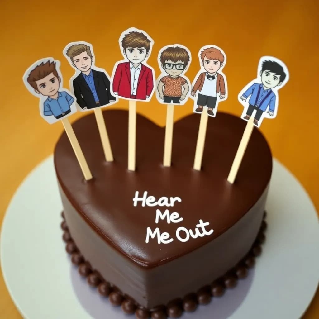 Harry Styles, Niall Horan, Liam Payne, Louis Tomlinson, and Zayn Malik | heart shaped chocolate cake | the mood HAS to be romantic