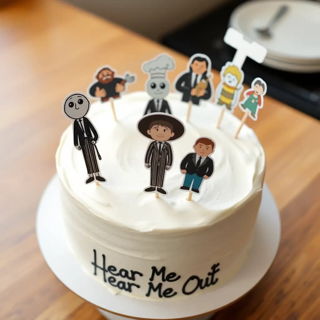 gomez addams, faster addams, cook chef michael symon, the hound from game of thrones, harry from sex and the city, john from justice league action, ugly sister from shrek, jay from modern family, george from the first season of seinfeld | white chantilly cake