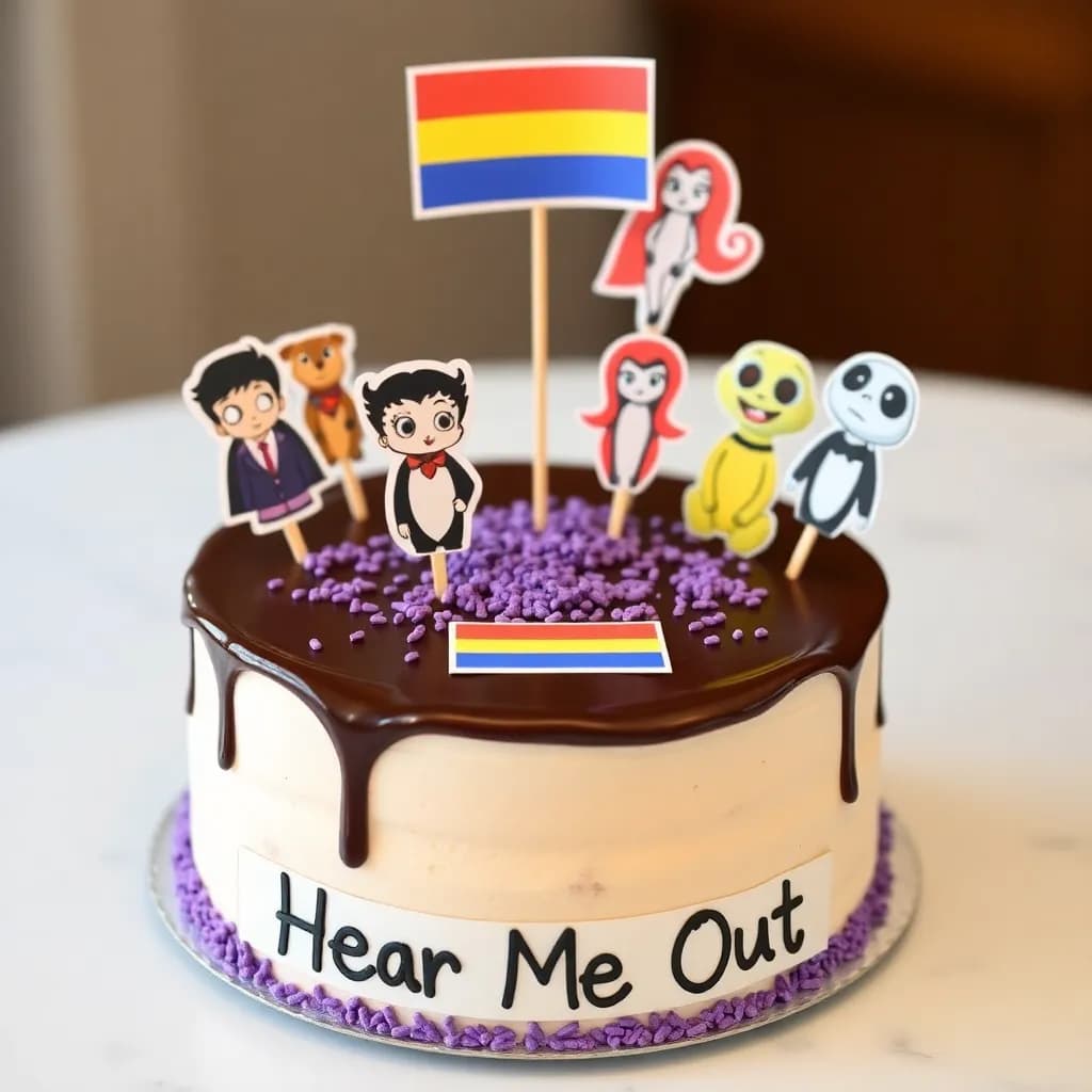 Nick Wilde, Betty Boop, Ryder from pawpatrol, Alvin the chipmunk, Abby from ginny and georgia, Jack Skellington, | Strawberry cheese cake with purple sprinkles | add a pansexual flag on the front