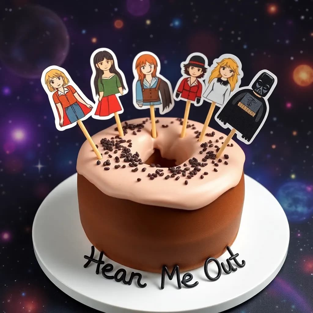 Beatrix Kiddo, Ian Malcolm, Dana Scully, Ash Williams, Arwen Undómiel, Princess Mononoke, Sally Finklestein, Motoko Kusanagi, Batman (1989), Dolores Abernathy, Madmartigan, Spock (2009), Indiana Jones, WALL-E, Ace Ventura, and Darth Vader. | Donut-shaped, Angel cake with Oreo ice cream | Psychedelic outer space à la 2001: A Space Odyssey