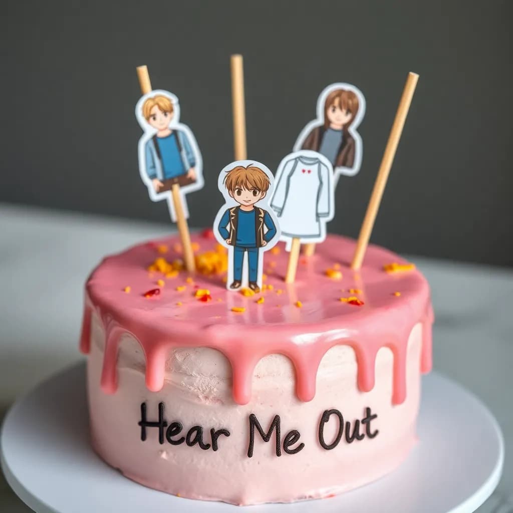 burak berkay akgül, bts, erdem şanlı, manifest | strawberry glaze, pastel pink, golden sprinkles, heart-shaped | any specific camera style