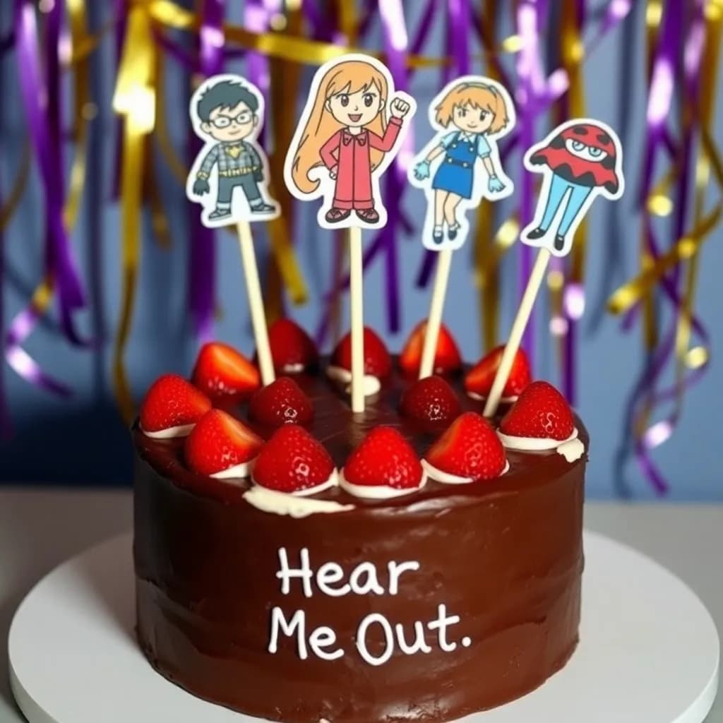 cartoon | chocolate cake with strawberry toppings with only orea cream | purple and gold streamers in the background