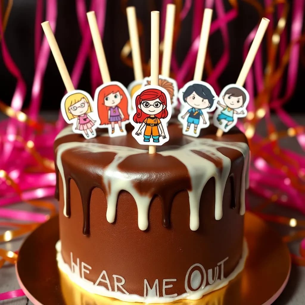 Kim Possible | Chocolate Orea ce Cream Cake with a drippy messy white drizzle on the side | pink and gold streamers as the background