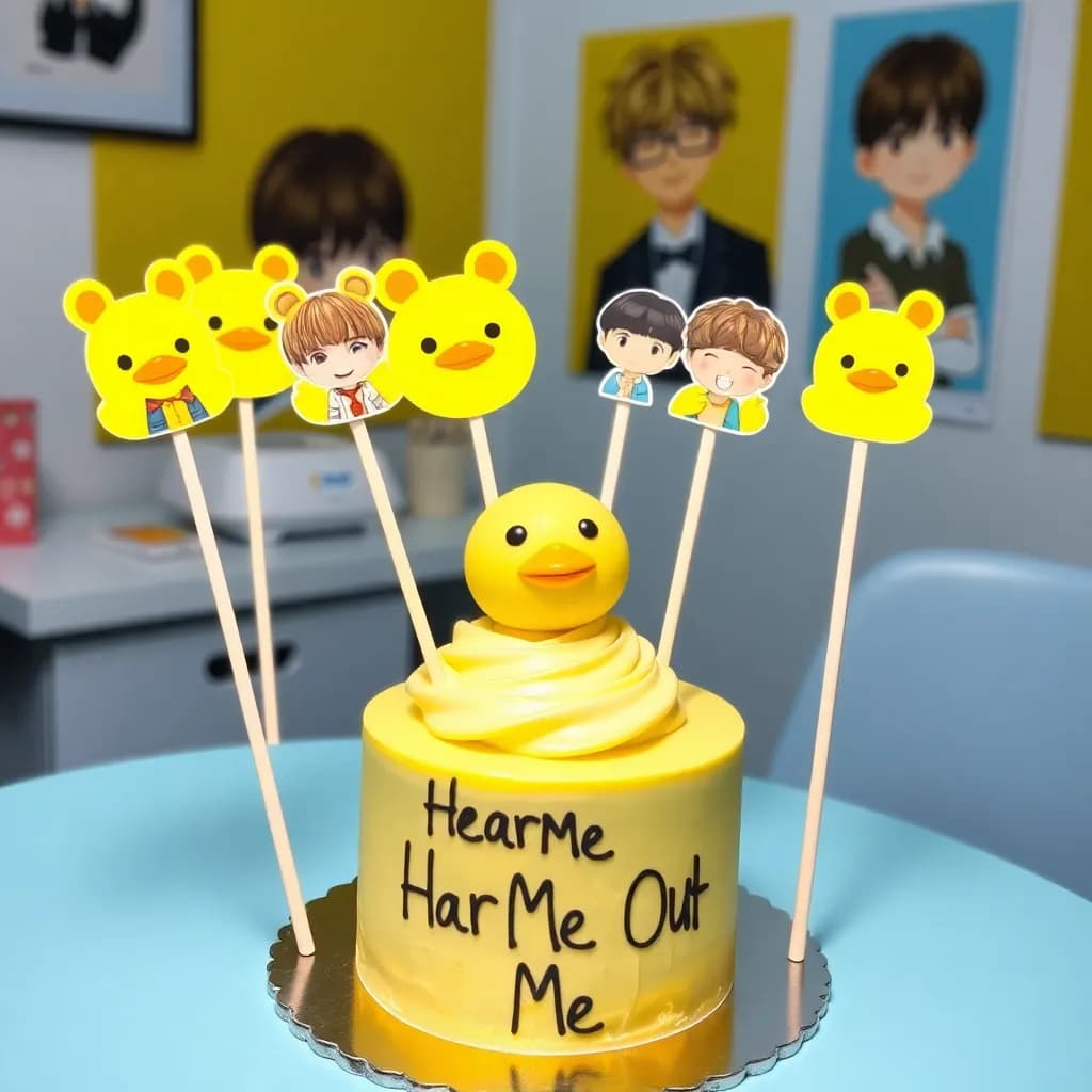 Felix (StrayKids) NI-KI (Enhypen) Beomgyu (TXT) Seonghwa (Ateez) Sunghoon (Enhypen) | Yellow lemon cake duck themed with bear ears, has a lil blue and black but lots of yellow, cute and themed of BBOKARI | Kpop room with a light blue table and fat poster of Lee Felix from StrayKids in the background
