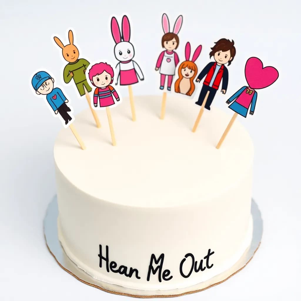 hmm , milo manhiem , and , mommy rabbit , sabrina carpenter, olivia rodrigo, joshua basette , navy blue color , hot pink color , shawn mendes | simple white round cake