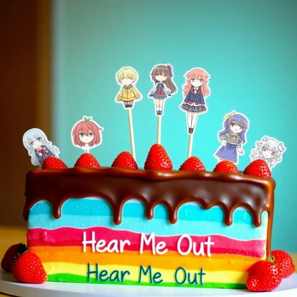 An Shiraishi, Kafka from Honkai: Star Rail, La Signora from Genshin Impact, Lisa Minci, Evelyn Chevalier, Sae Chabashira, Cantarella from Wuthering Waves, Yinlin from Wuthering Waves, Mafuyu Asahina, Chameleon from Path to Nowhere, Makima | rainbow cake with strawberries on top