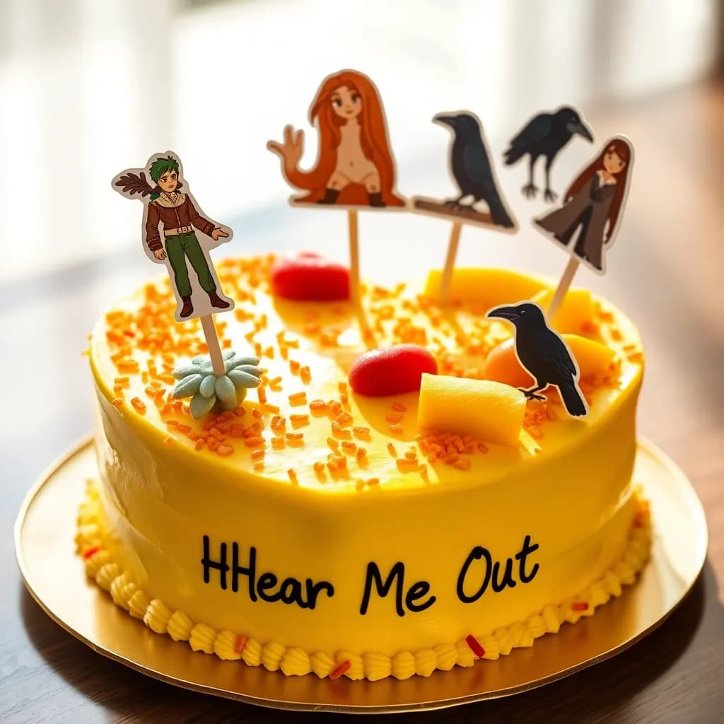 Cypress tree, Laurel Tree, Hyacinth flower, crow bird, the muses, adonis, cassandra princes of Troy | Yellow glaze, heart shaped, with golden and orange sprinkles, and filled with trpical fruits, also decorated with banana and mango slices | melancholic and romantic mood and sunny lighting