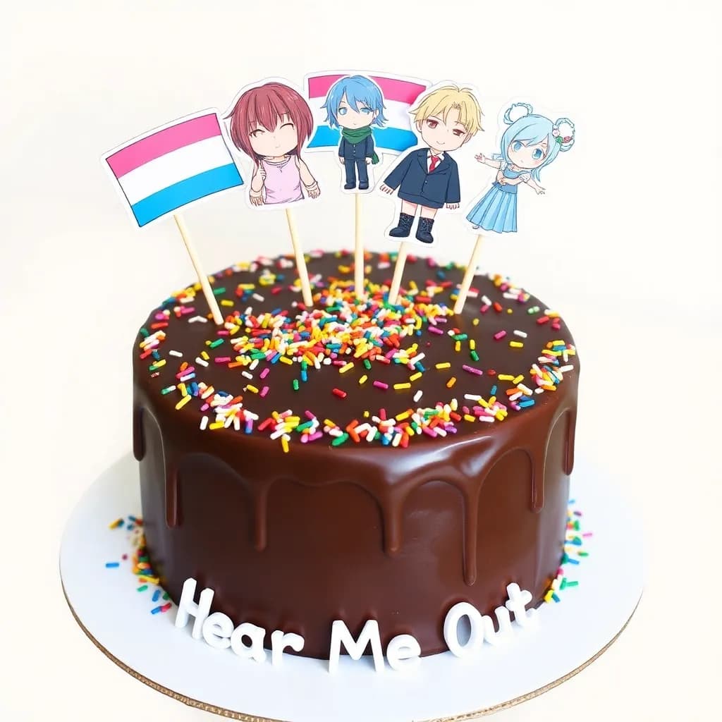 nendou from the anime saiki k, atsushi from bungo straydogs, toothbrush from colgate ad, jack frost, sheera | chocolate cake decorated with the transexual flag and rainbow sprinkles