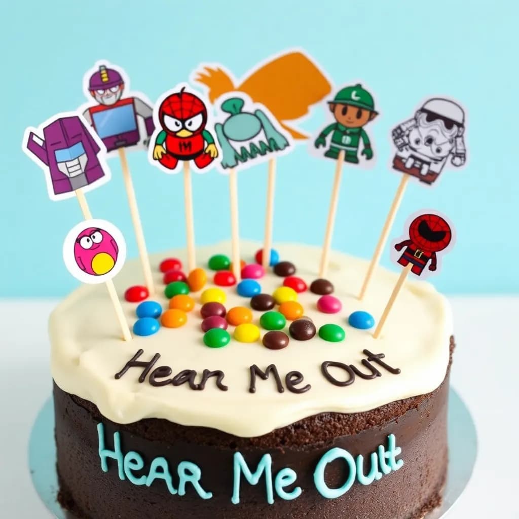 Optimus Prime, Rayman, Hiccup, Jack Frost, Spirit, Nick Wilde, Stormtrooper, Spiderman Tom Holland, Will Turner, Sportacus | Chocolate cake with M&Ms