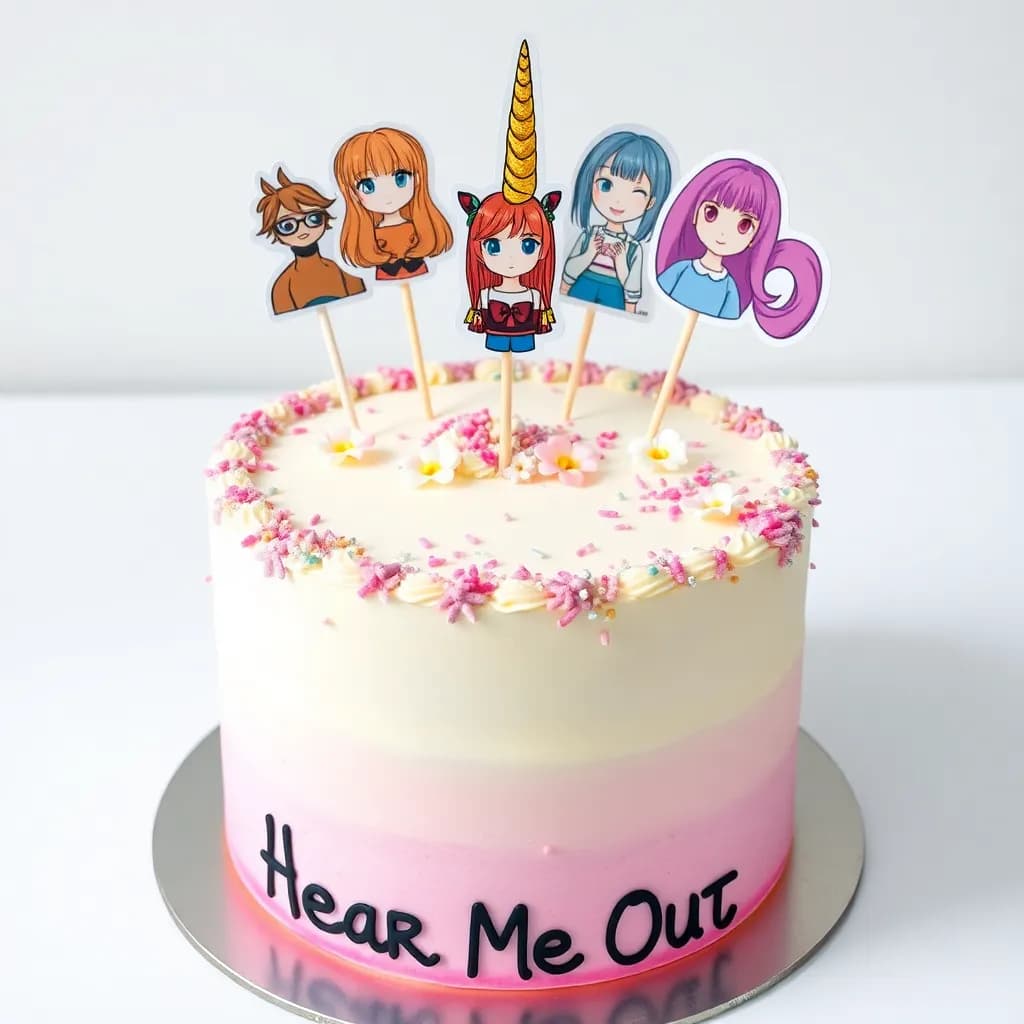 Korean themed decora | Rainbow vanilla cake with sparkles and silver sprinkles with flowers and a golden unicorn horn | A cool lighting