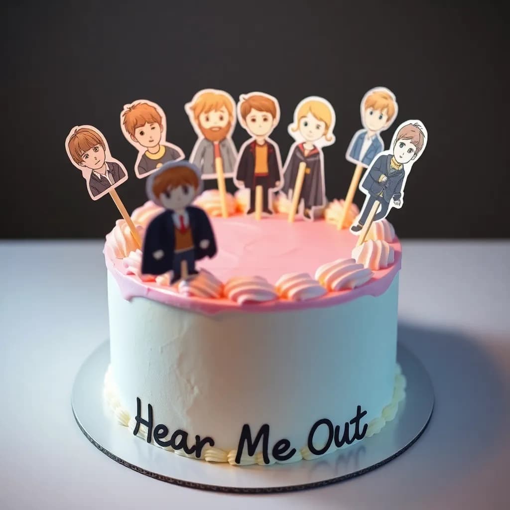 Christopher Wilde , Peter Pevensie y Edmund Pevensie , Justin Bieber, Shawn Mendez, Samuel Joslin, Austin Moon, Lucas Till, Cole Walter y Alex Walter, Lorenzo Zurzolo, Franco Colapinto. | un pastel circular de crema blanca, con un glaseado rosa, con brillos y chispitas de colores. | un ambiente iluminado, bonito y realista